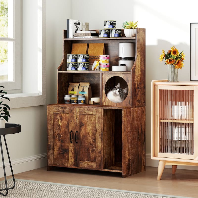 Brown Engineered Wood Cat Litter Box Shelf with Storage and Winding Entry