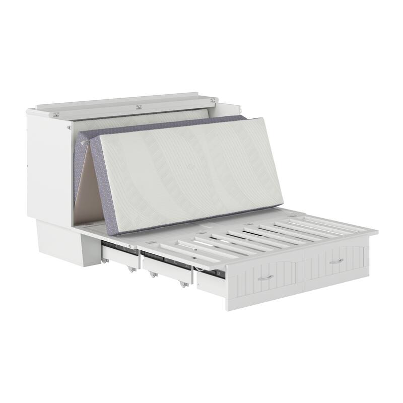 Sydney Queen Murphy Bed Chest with 6" Mattress, Storage Drawer & Built-In Charger in White