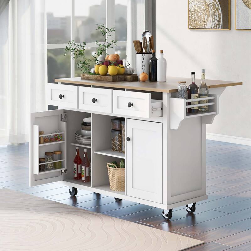 Kitchen Cart with Rubber wood Drop-Leaf Countertop ,Cabinet door internal storage racks,Kitchen Island on 5 Wheels - White