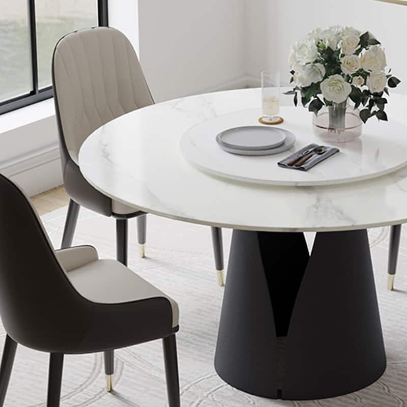 Modern Round White Dining Table，Sintered Stone Tabletop, Solid Black Carbon Steel Base