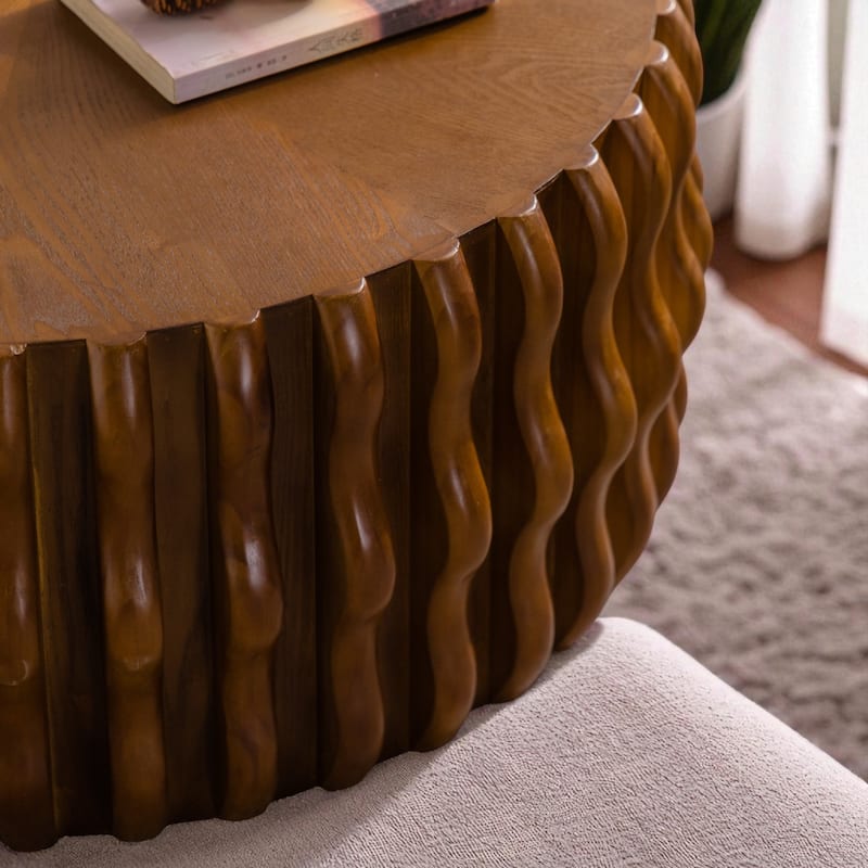 Drum Fluted Round Coffee Table - 38.5" Modern Mid-Century Accent Center Table with Solid Wood Pedestal