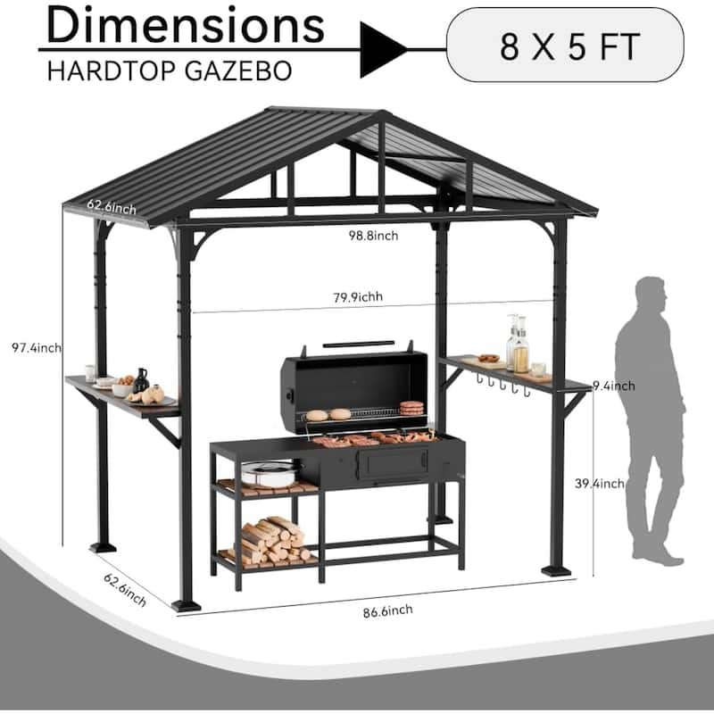 5ft x 8ft Hardtop BBQ Grill Gazebo with Hooks and Shelves
