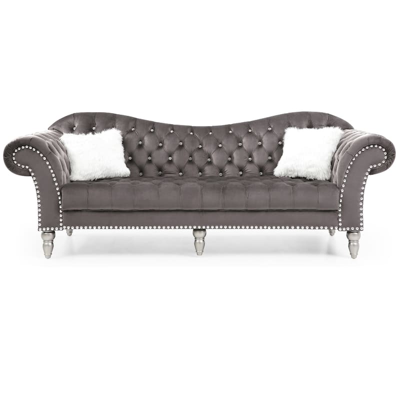 Tufted Velvet 2-Seater Sofa with Throw Pillows - 98" - Dark Gray