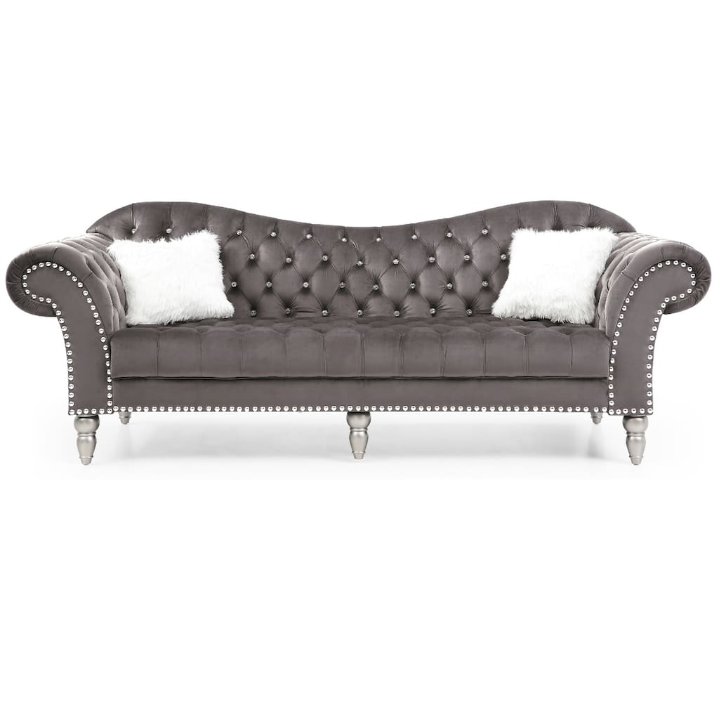 Tufted Velvet 2-Seater Sofa with Throw Pillows - 98" - Dark Gray