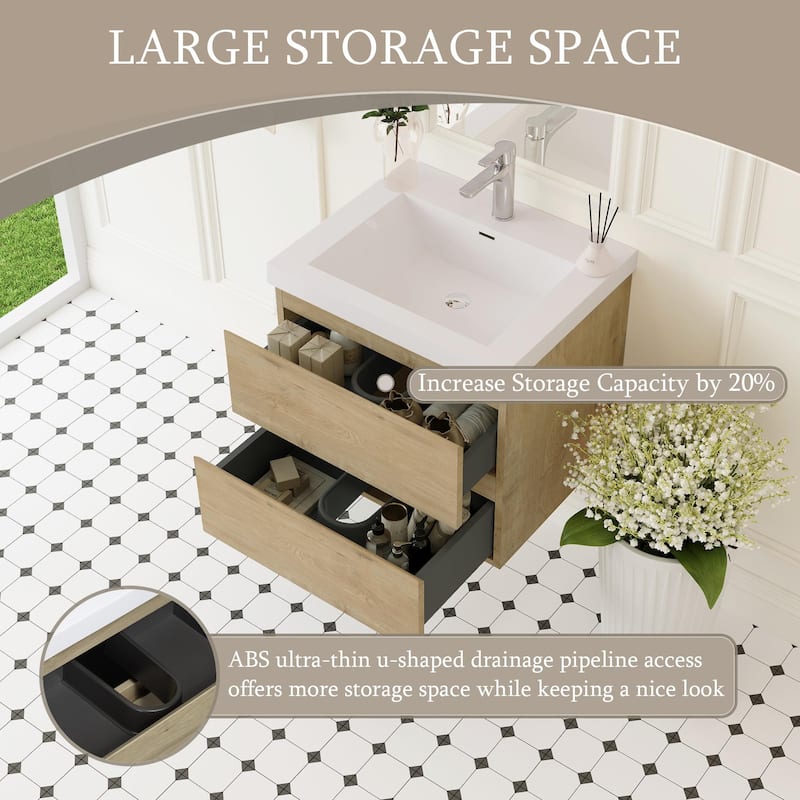24" Floating Bathroom Vanity with Sink, Wall-Mounted Storage Cabinet with Solid Surface Basin & Soft-Close Drawers