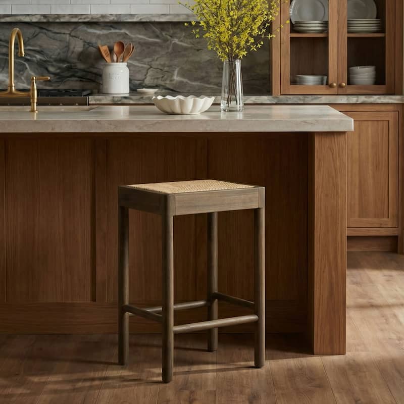 Victor Backless Solid Wood Counter Stool with Rattan Cane Seat (Set of 2)by East at Main - Set of 2 - Brown - Counter Height