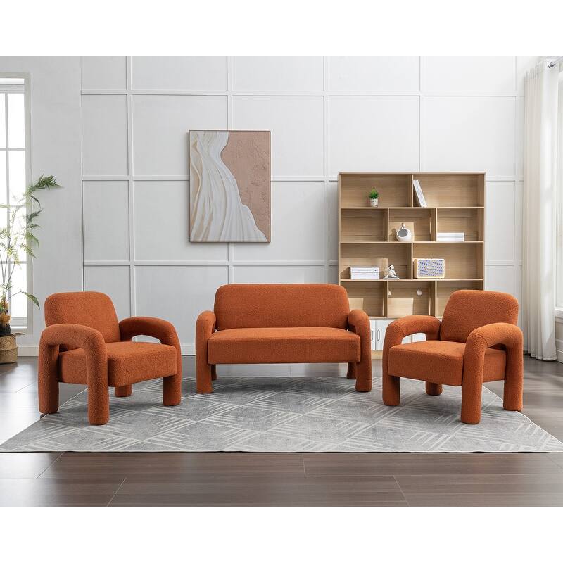 SEYNAR Mid-Century Modern Boucle 51'' Solid Wood Curved Sofa Set of 3 with Accent chair - Orange