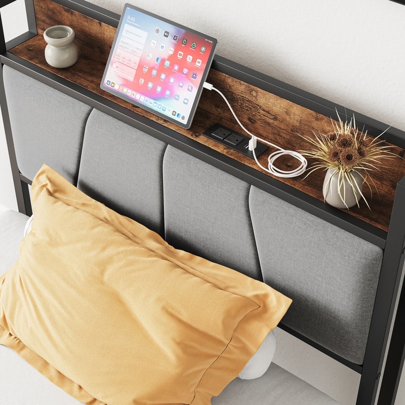 Metal&Wood Platform Bed with Storage Linen Headboard and Charging Station