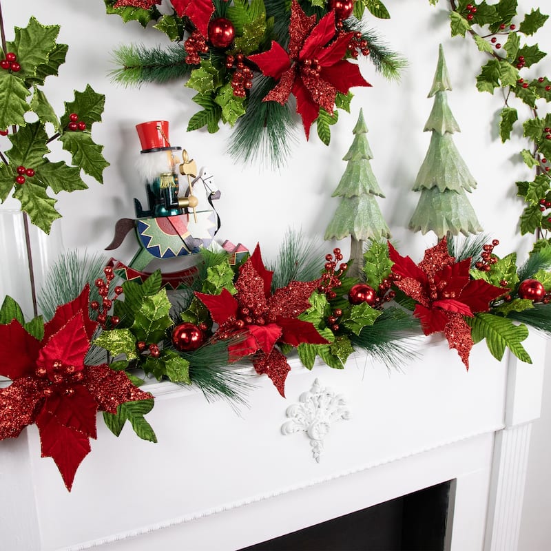 48" Glittered Red Poinsettia and Long Pine Christmas Swag Unlit