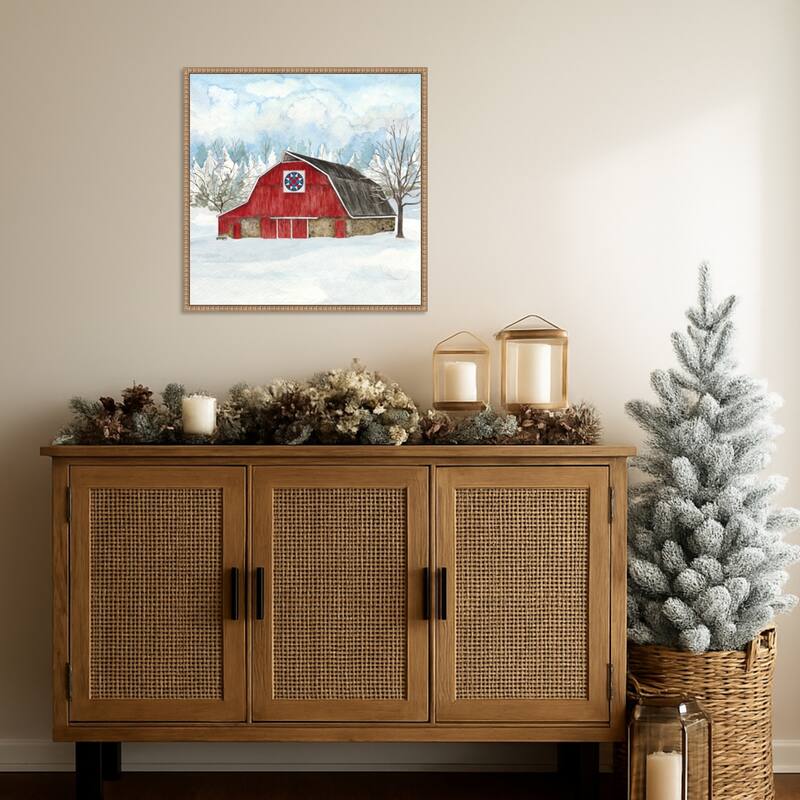 Winter Barn Quilt IV by Tara Reed (22 x 22 in.), Framed Canvas Wall Art Print - Sylvie Beaded Rustic Natural