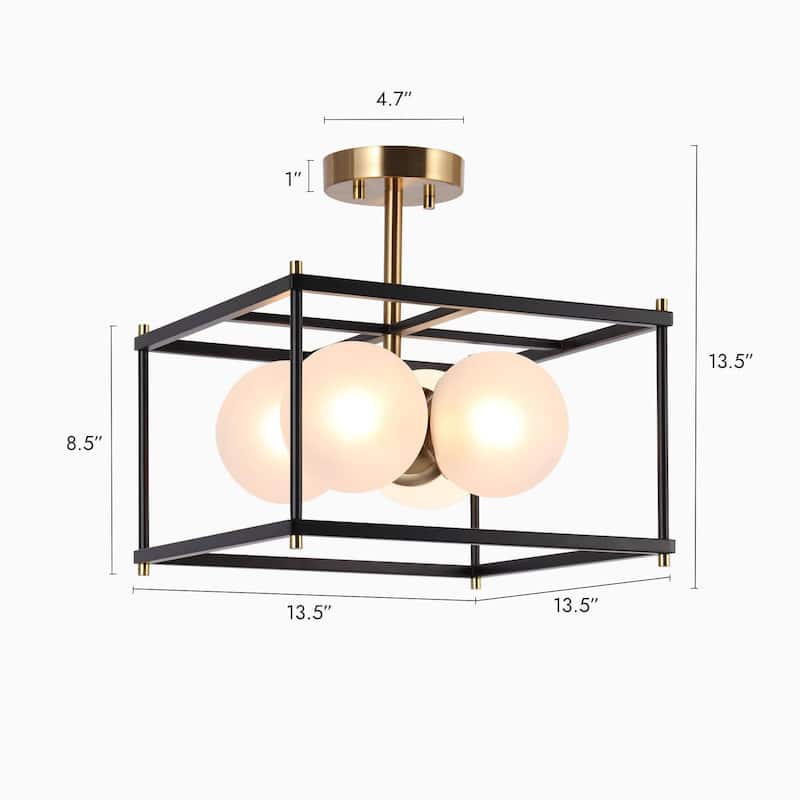 Modern 4-Light Black Gold Chandelier Square Semi Flush Mount Frosted Glass Ceiling Light for Kitchen - L13.5" x W13.5" x H13.5"