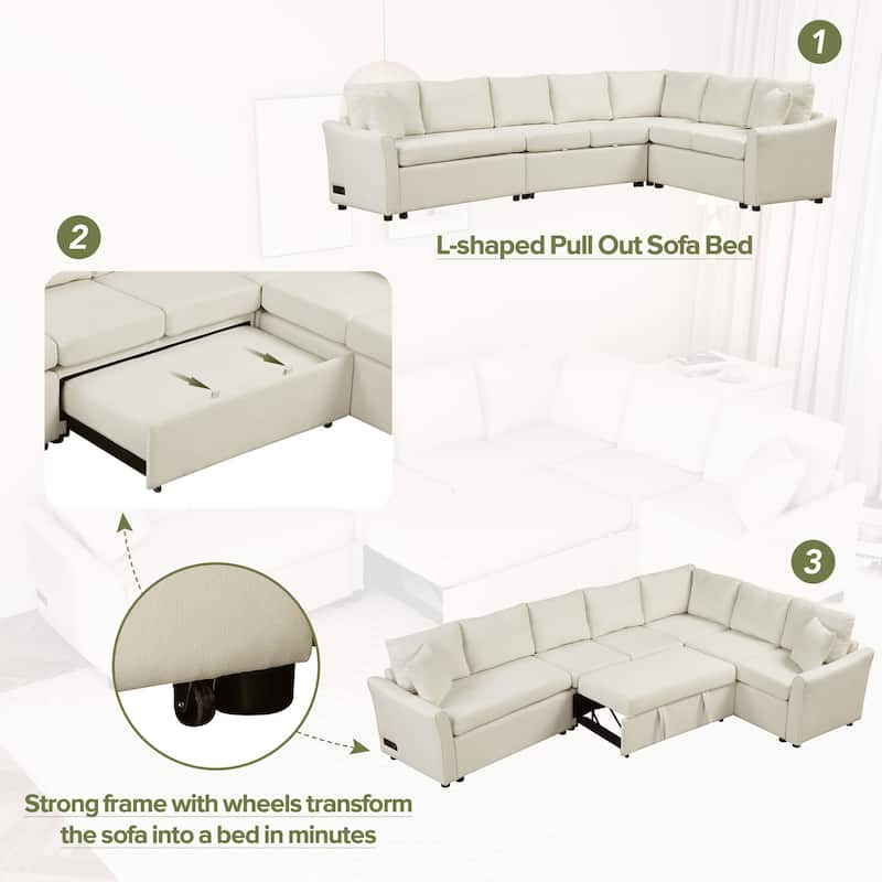 124.8'' Convertible L-Shaped 6-Seater Sectional Sofa with USB Ports, Power Outlets, Pull-Out Bed, and Two Back Cushions
