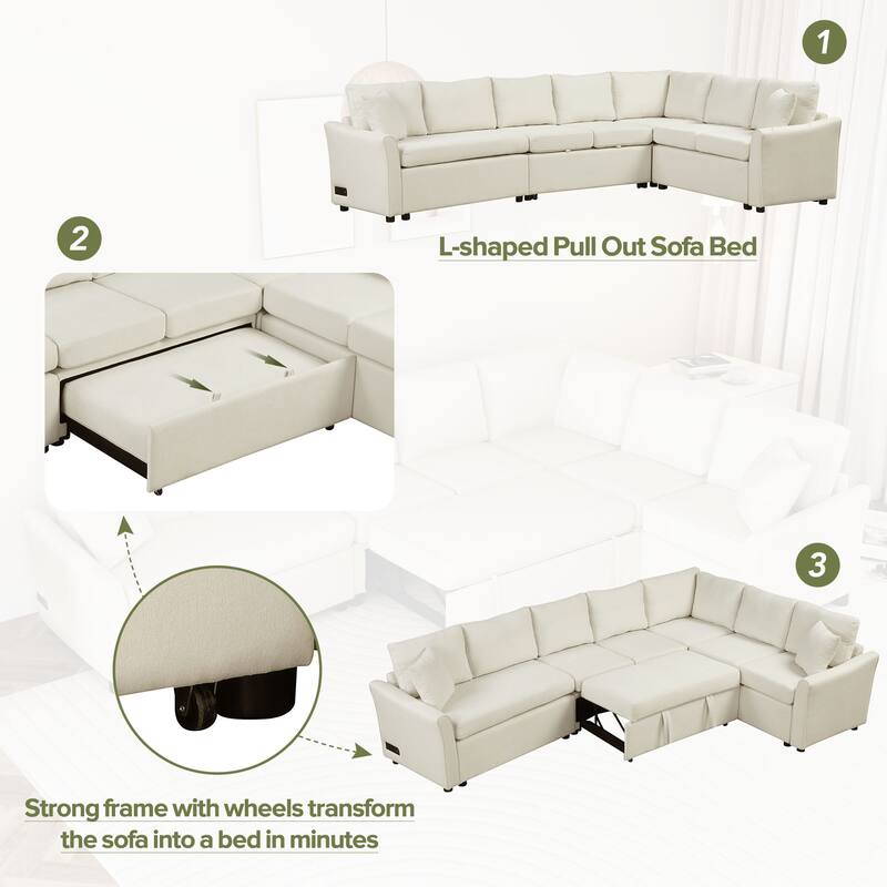 L-shaped Sofa Convertible Sofa Bed Pull Out Sofa Sleeper with Two Back Pillows, Two USB Ports and Two Power Sockets