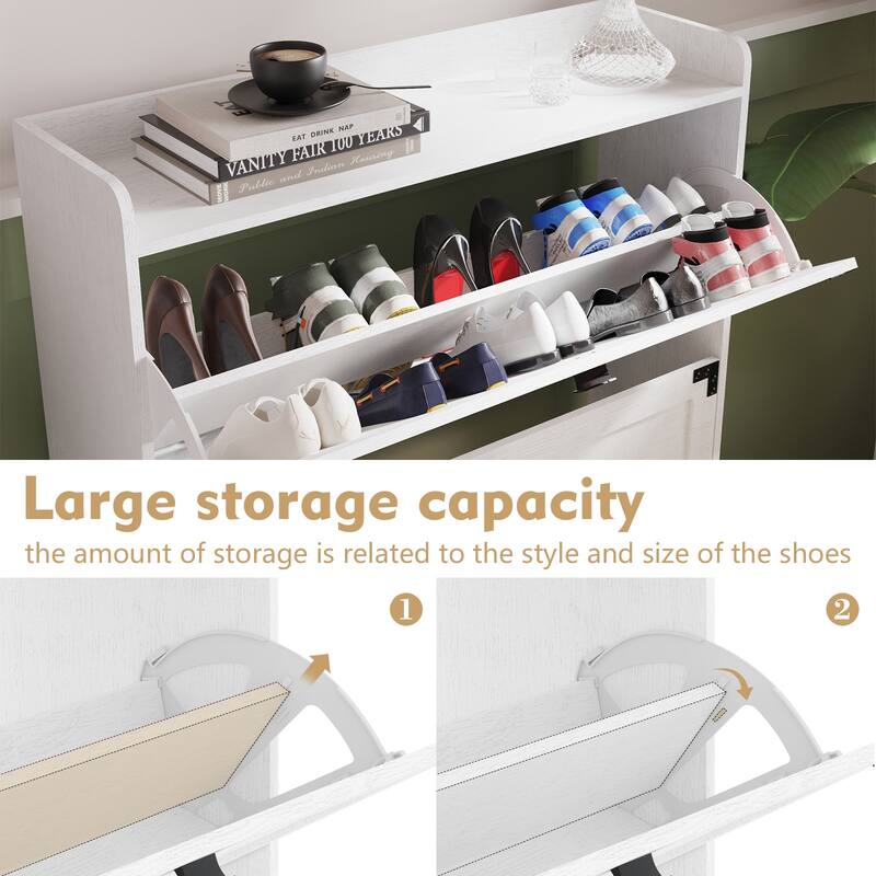 Narrow Rack Shoe Cabinet with 2 Flip Drawers and Open Shelf