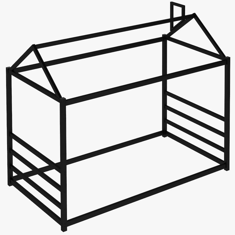 Twin Size Metal House-Shaped Floor Bed with Roof and Chimney Design