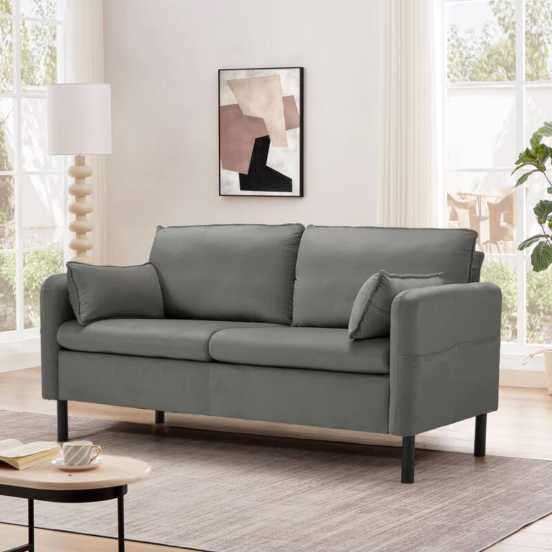 Modern double sofa for small spaces with storage, 2 soft cushions - Velvet - Grey