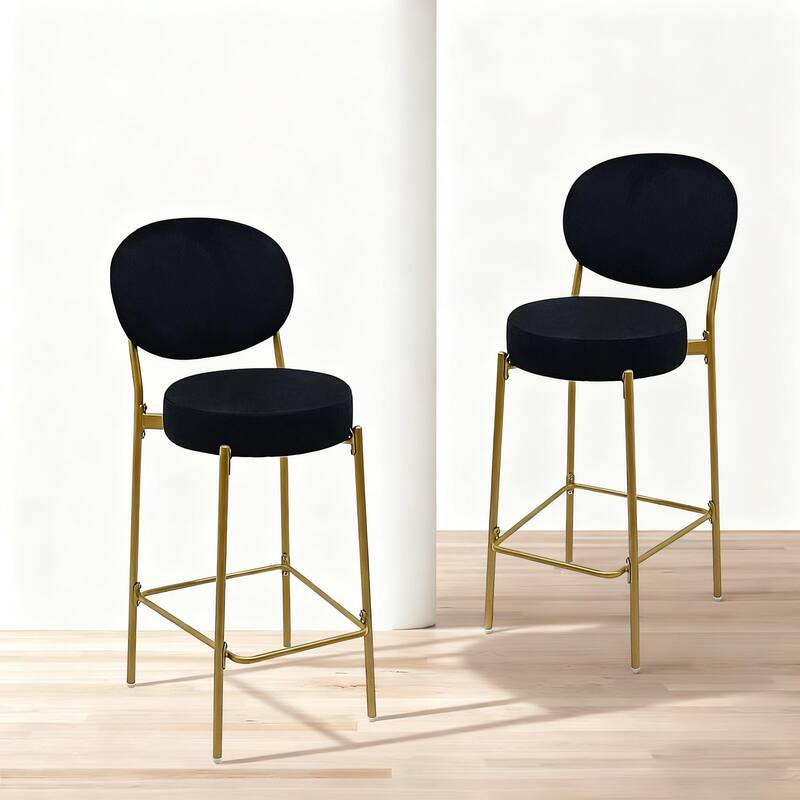 GDFStudio - Lunara Modern Velvet Upholstered Bar Height Bar Stool with Gold Metal Legs, Backrest & Footrest, Set of 2 - 41.34"H - Black