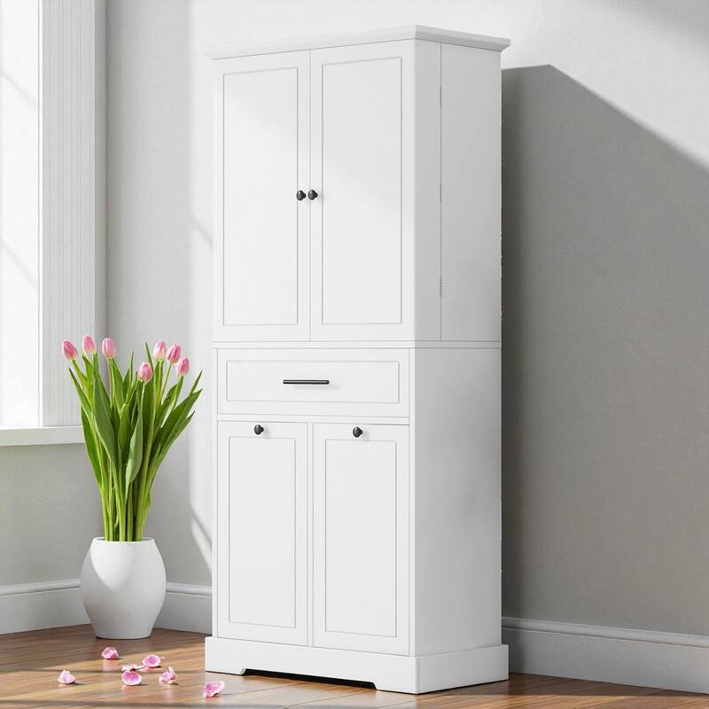 Freestanding Bathroom Storage Cabinet with Doors and Drawers, Tilt-Out Laundry Hamper, Adjustable Shelf for Bathroom - White
