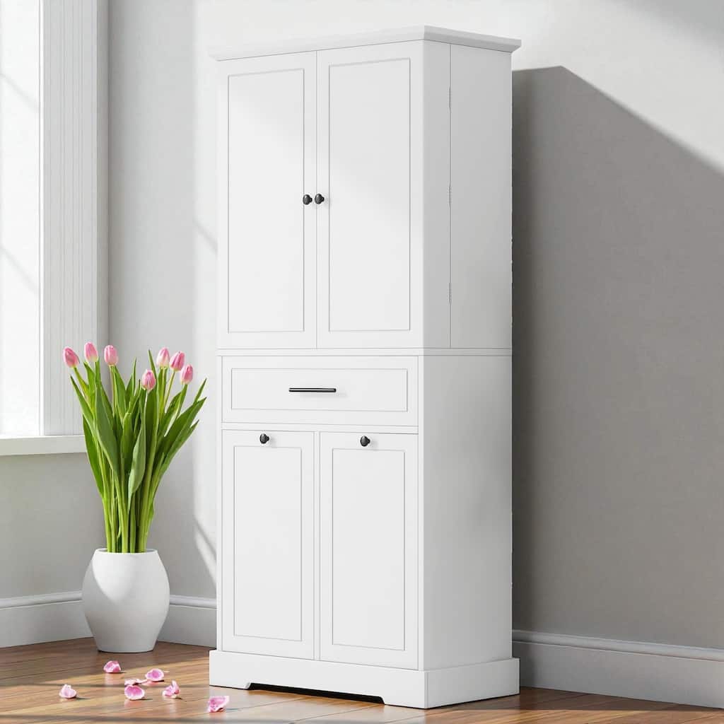 Freestanding Bathroom Storage Cabinet with Doors and Drawers, Tilt-Out Laundry Hamper, Adjustable Shelf for Bathroom