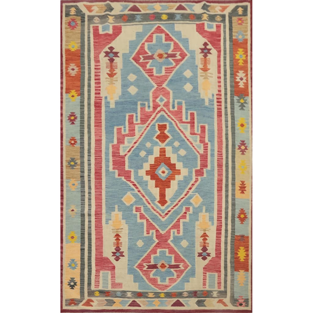 Hand Woven Oriental 100% Wool Carpet Southwestern Tribal Navy Blue & Blues Kilim Area Rug - 9' 8'' X 6' 6''