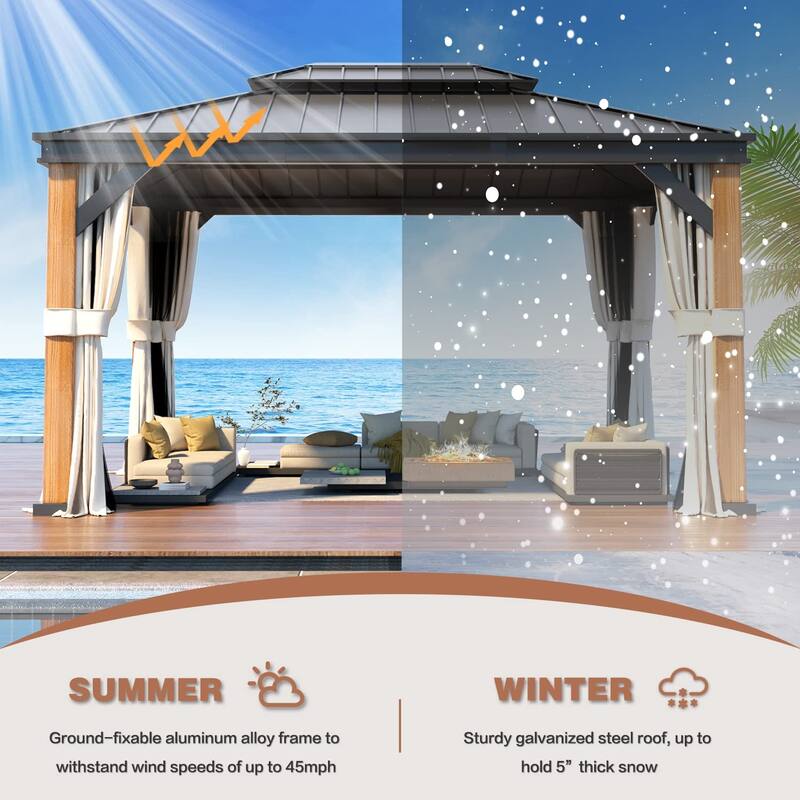 EROMMY Hardtop Gazebo Metal Gazebo with Faux Wood Grain Aluminum Frame, Outdoor Patio Gazebo Pergola