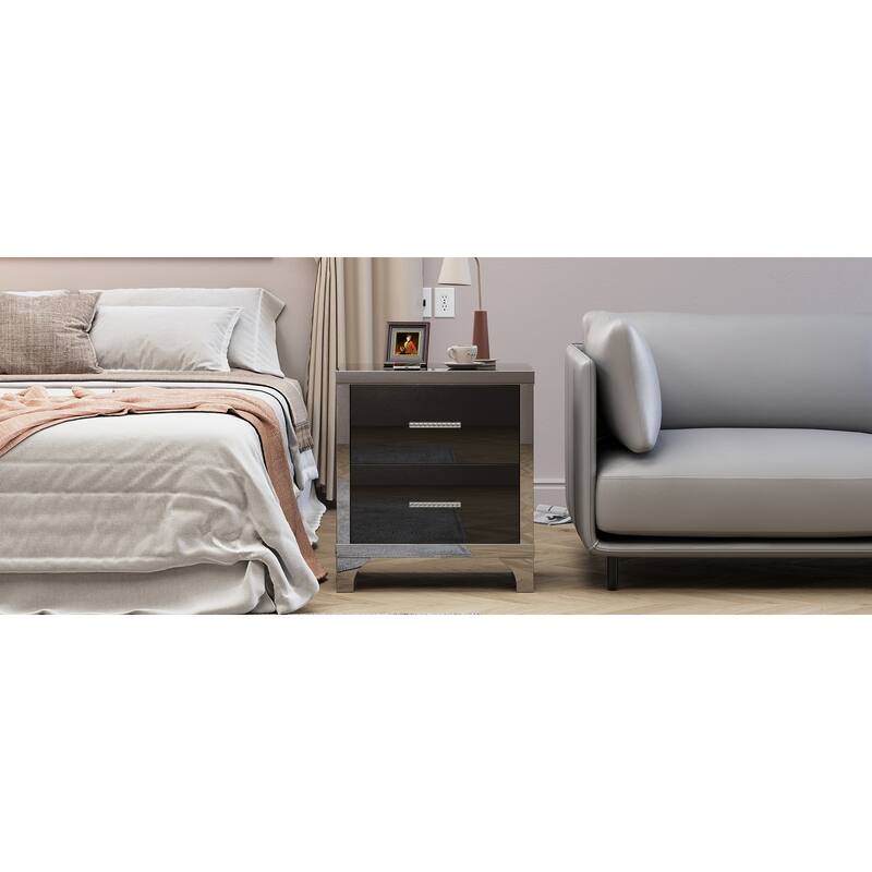 High Gloss Mirrored Nightstand with 2 Drawers,Modern End Table with Drawers,Mirrored High Gloss Wood Nightstand Metal Handle