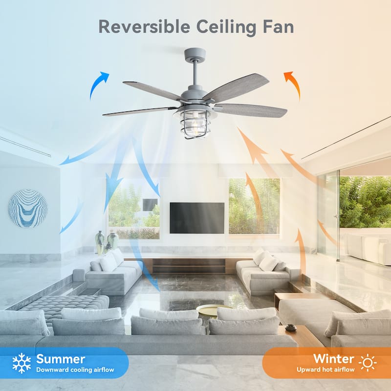 52-Inch Ceiling Fan With E26 Light, 5 Plywood Blades,6 Wind Speed - Cement Grey
