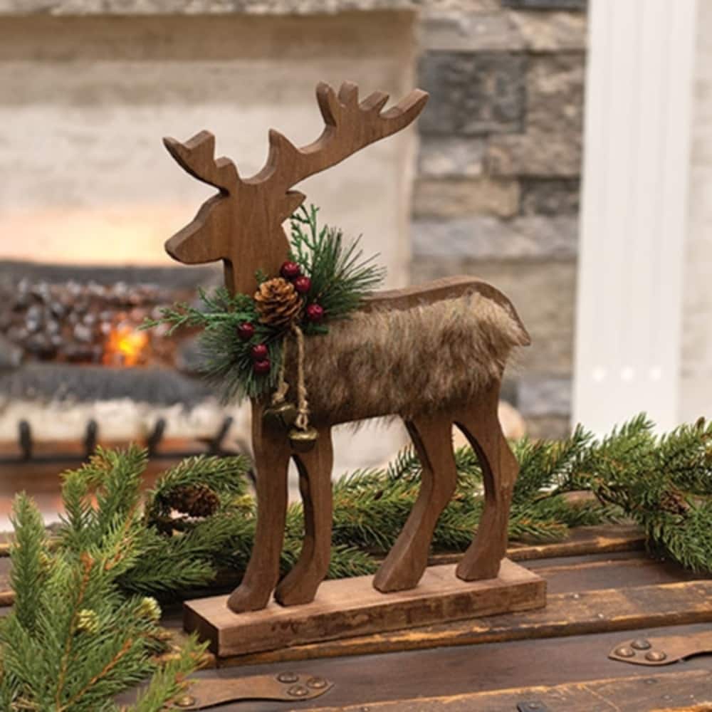 Wooden Reindeer on Stand Rustic Holiday Decor with Faux Greenery Berries Pinecone and Jingle Bells