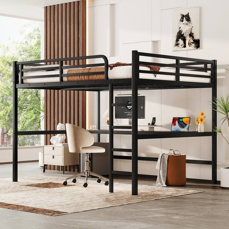 Queen Size Metal Loft Bed with Desk, USB, LED Light, Power Outlet, Space-Saving, Noise Reduced, Black