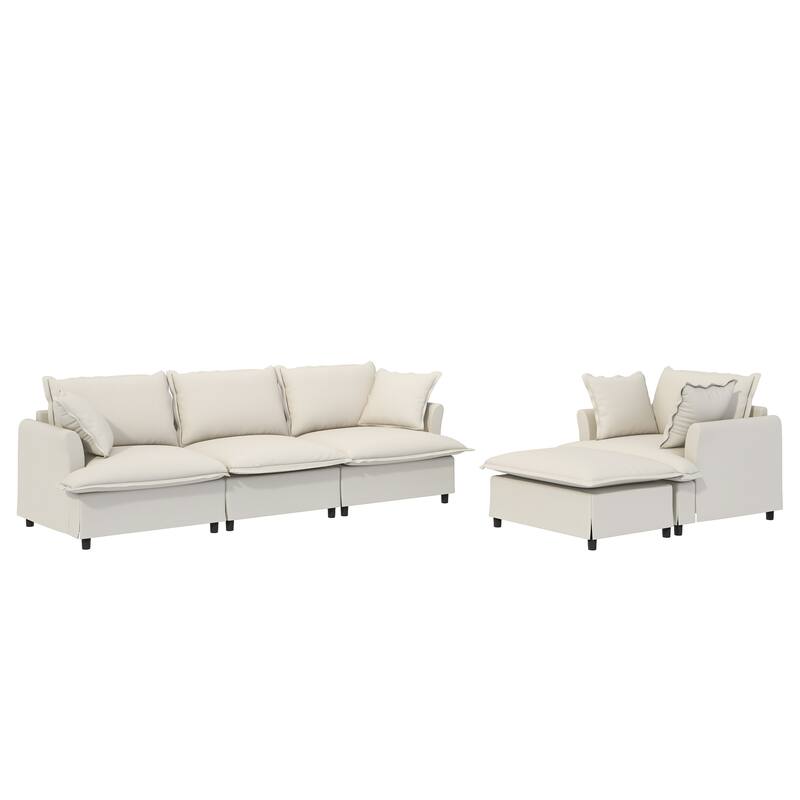 Modular L Shaped Chenille Sectional Couch w/Armchair & Movable Ottoman