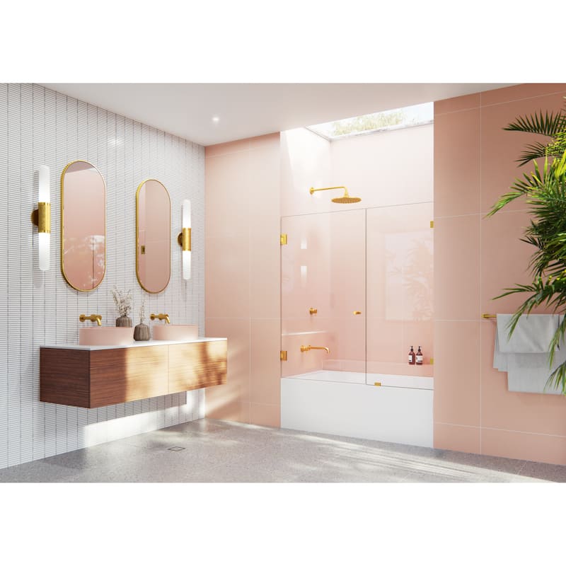 Glass Warehouse 58.25" x 52" Frameless Shower Bath Door - Wall Hinge - Satin Brass