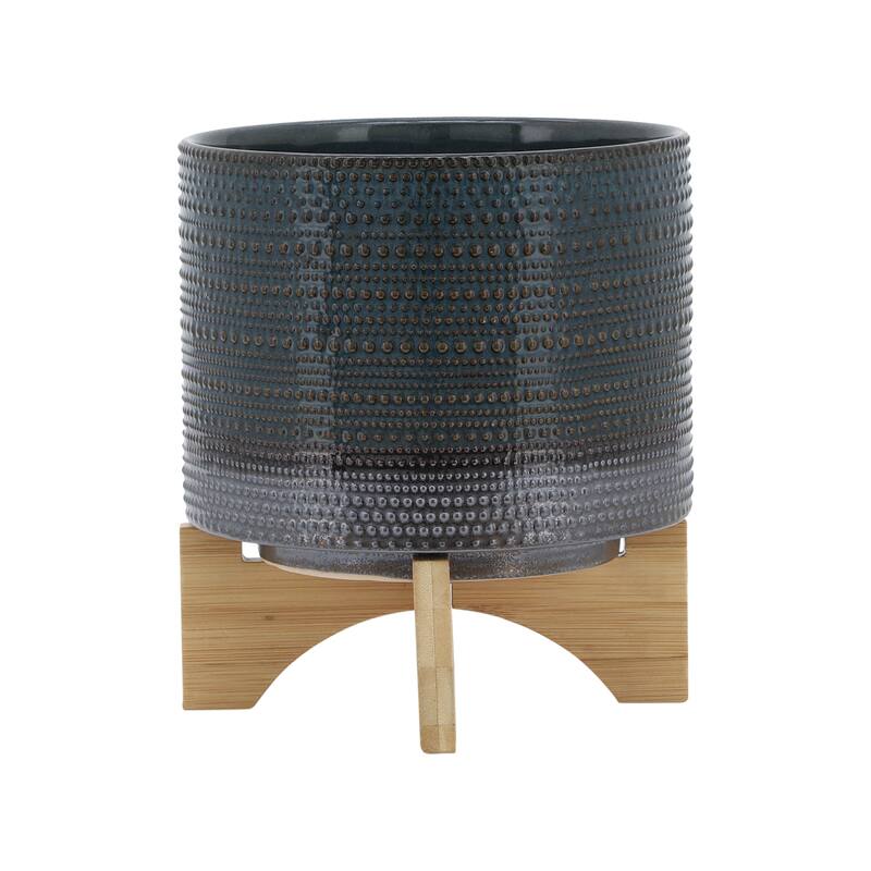 Sagebrook Home Ceramic Planter with Natural Wood Stand