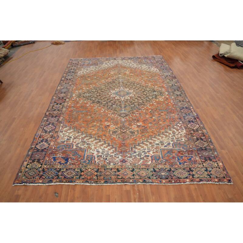 Hand Knotted Oriental 100% Wool Carpet Traditional Medallion Oranges & Rust Heriz Area Rug - 13' 7'' X 9' 4''