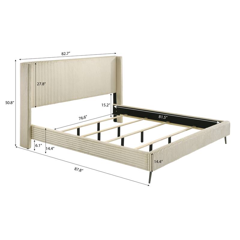 King Size Upholstered Panel Bed Set with 2 Nightstands, Storage Bench and Wingback Headboard