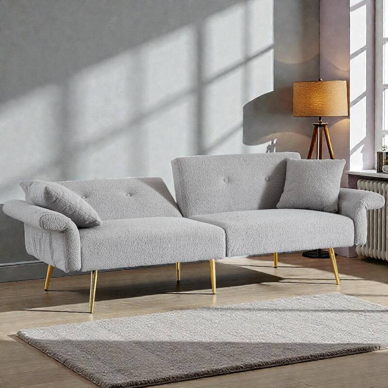 Modern Teddy Loveseat Sofa with Side Pocket, Folding Sleeper Sofa Bed with Adjustable Backrest and Golden Metal Legs