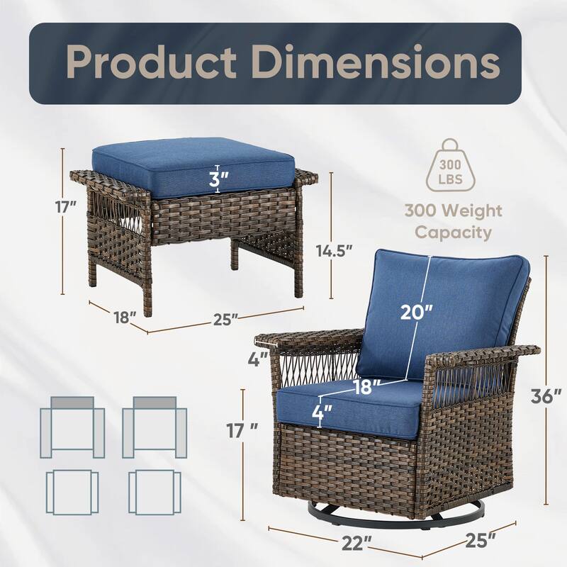 Rattan Wicker Swivel Rocker Chairs Sets - Brown