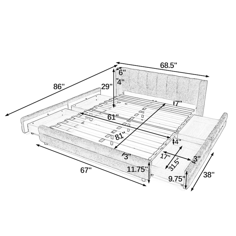 Thick Fabric Upholstered Bed Frame, Low Profile Storage Platform Bed with 4 Storage Drawers, Metal Legs and Wood Slat Support