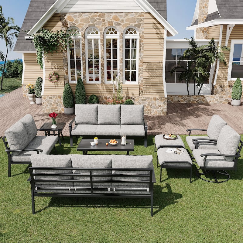 EROMMY Patio Set: 360° Swivel Rockers, Sofa, Ottomans & Table – Outdoor Conversation Set for Poolside, Garden & Deck - 9 PCS - Sofa & Swivel Rocking Chair - Grey