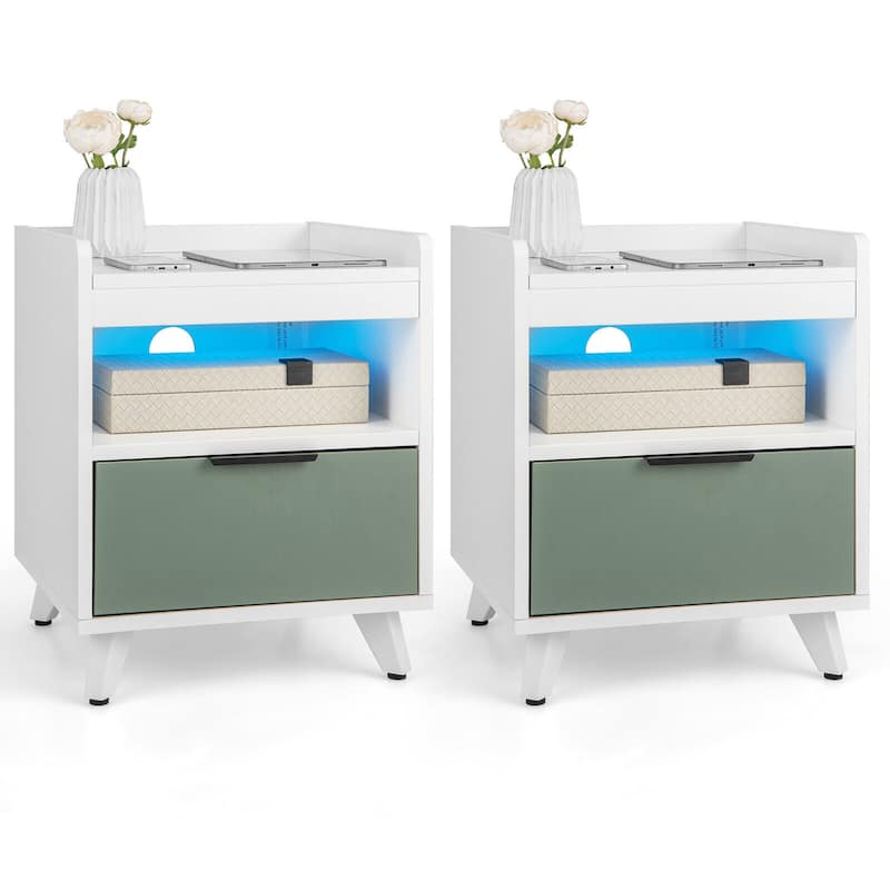 Gymax 2PCS Nightstand Modern Beside End Table w/ LED Lights Open - White - 1-drawer
