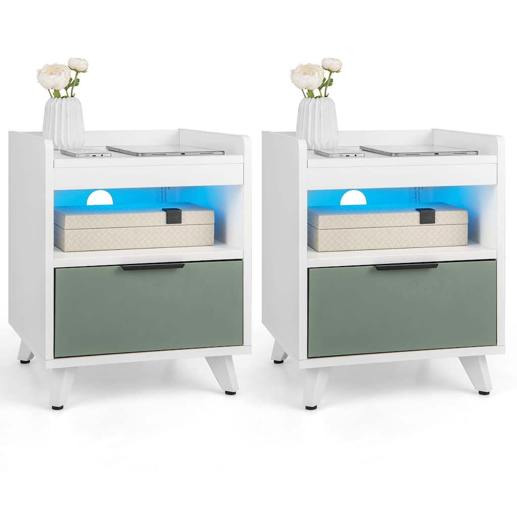 Gymax 2PCS Nightstand Modern Beside End Table w/ LED Lights Open