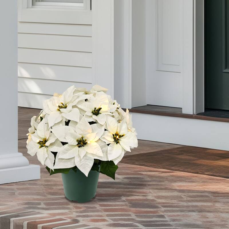 Puleo International 19" Pre-Lit Battery-Operated Artificial Potted White Poinsettias