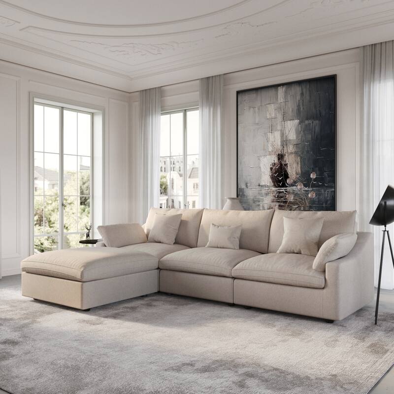 Modular Sectional Sofa Cloud Couch with Ottoman, L Shaped Linen Blend Fabric Minimalist Sectional Sofa for Living Room, Khaki