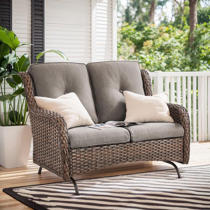 Gymojoy 2-Seat Stylish Patio Loveseat Glider Sofa, Water-Resistant Olefin Cushions for Outdoor Comfort - Brown Wicker / Grey Cusion - 1-Piece