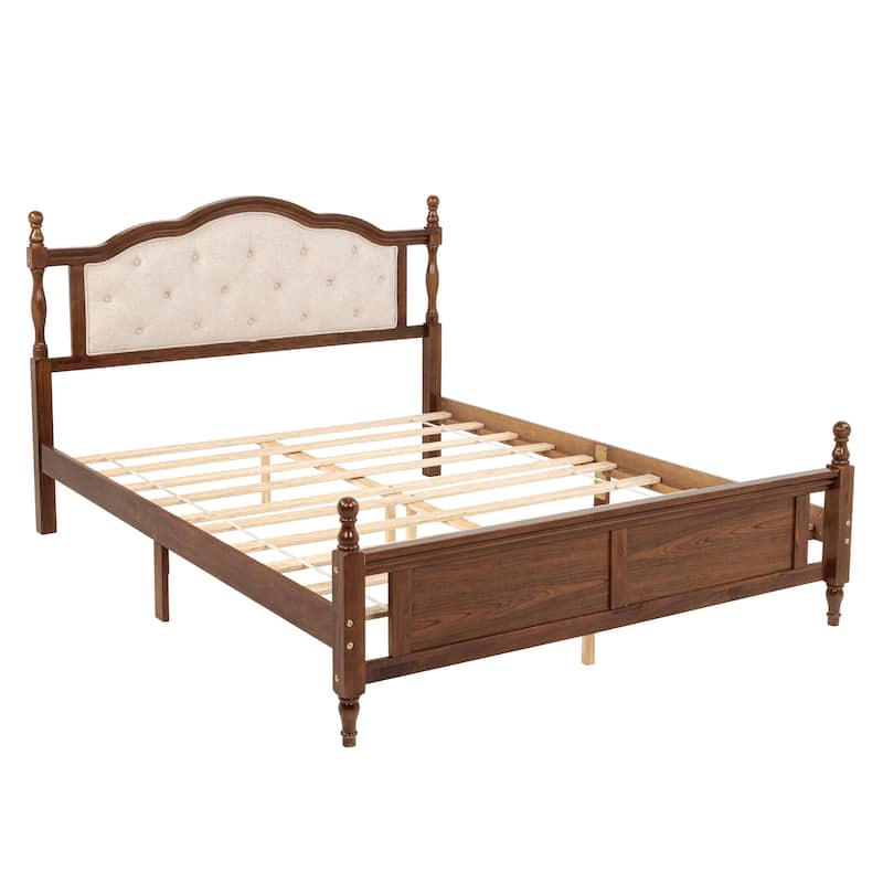 Queen Pine wooden Bed with Upholstered Headboard and Panel Footboard, with Two Bed Rail Support Feet and Central Support Feet