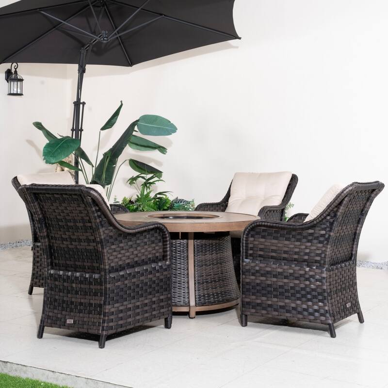 5-piece Modern Patio Round Fire Pit Table Set with 4 Wicker Chairs