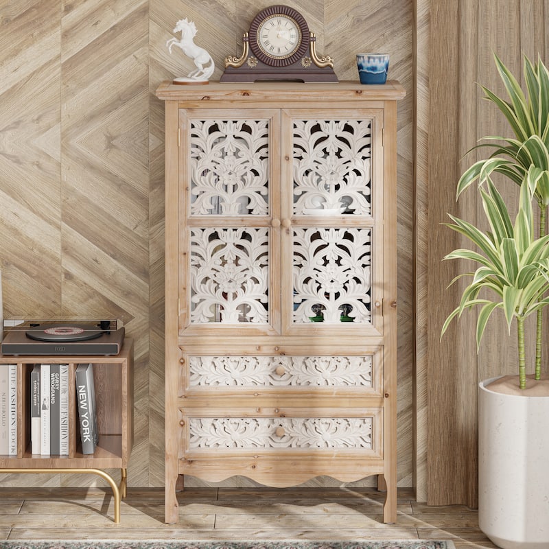 COZAYH French Country Storage Cabinet, Classic Carved Openwork Cupboard, Perfect for Living Room, Kitchen, Hallway - 2+2 Pantry
