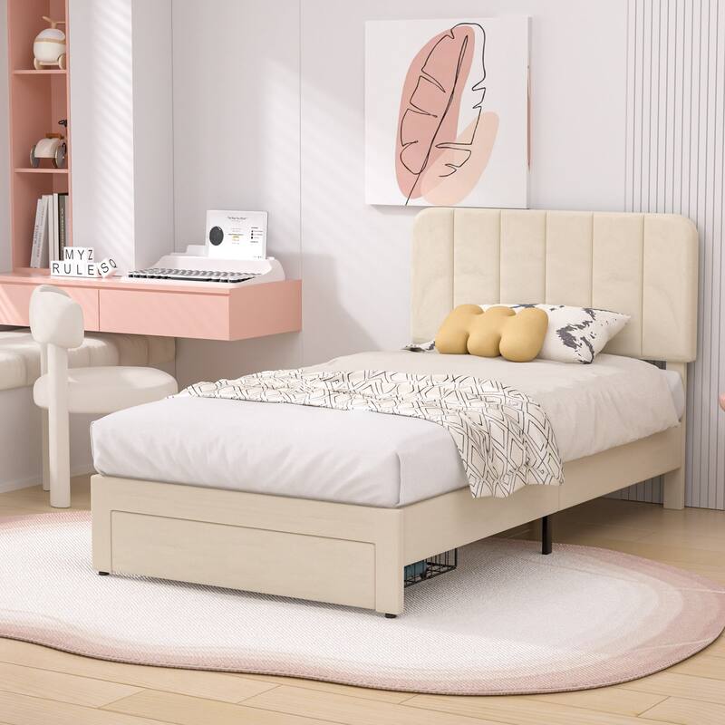 VECELO 2-Pack Kid Bed Frame Set Twin Size Platform Bed with Adjustable Upholstered Headboard Storage Drawer No Box Spring Needed