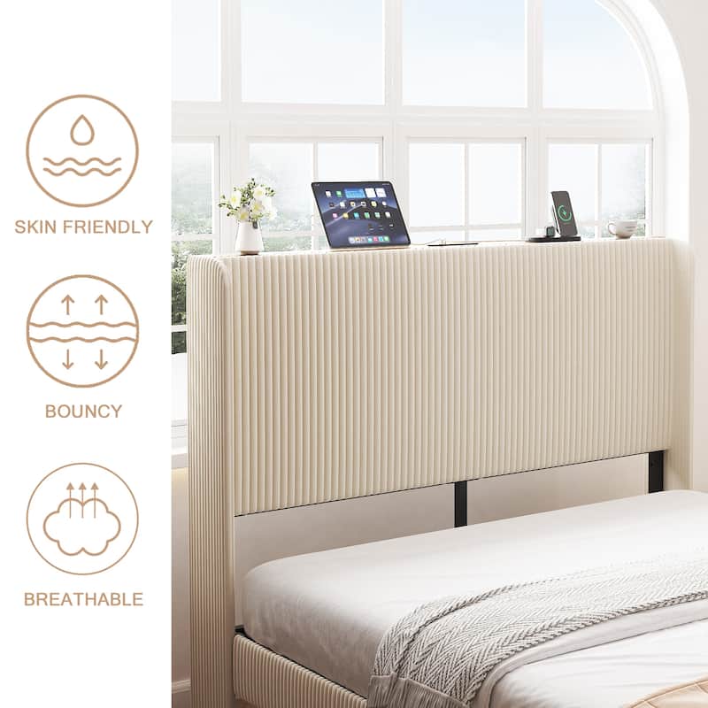 Full/Queen/King Size Vertical Stripes Platform Bed with USB Ports on Headboard, Beige Wingback Bed Metal Bed Frame