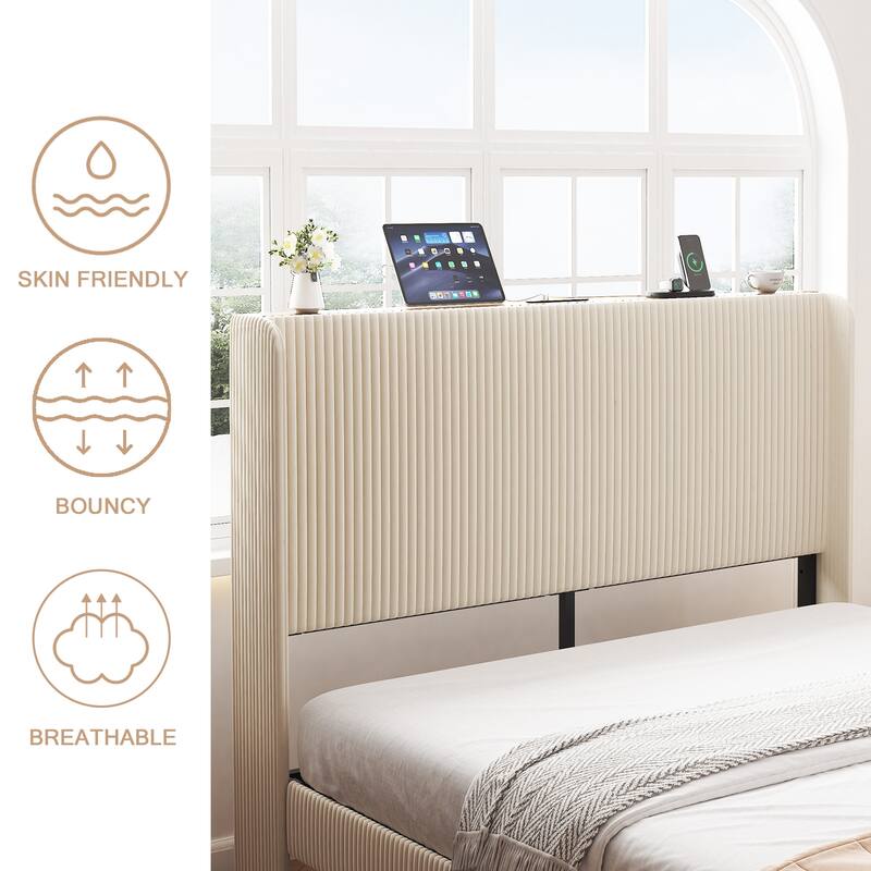 Queen Size Wood Platform Bed with Charging Station (2 USB Ports), Noise-Free Design, and No Box Spring Needed