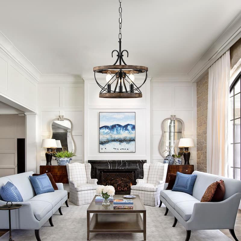 Oaks Aura 5-Light Farmhouse Wood Chandelier, Drum Chandelier for Dining Room Height Adjustable